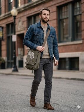Classic Olive Canvas Messenger Bag with Bicycle Print